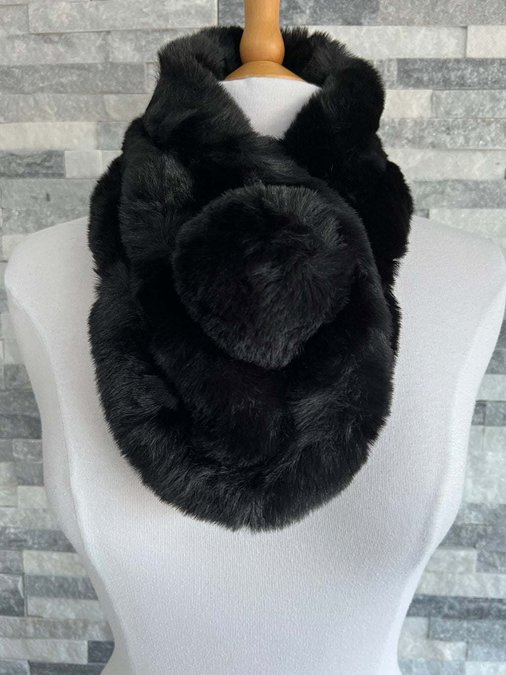 lusciousscarves Scarves Black Faux Fur Pom Pom Collar Scarf