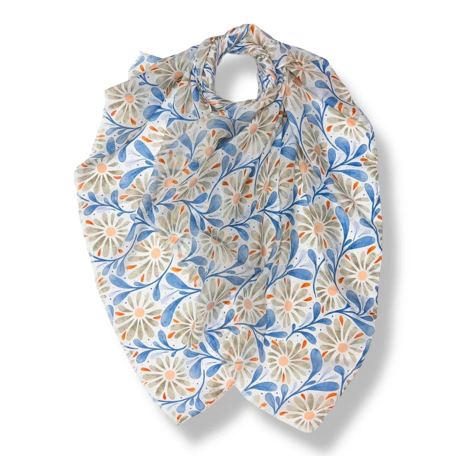 lusciousscarves Scarves Blue and Grey Daisy and Leaves Print Scarf, Light Weight