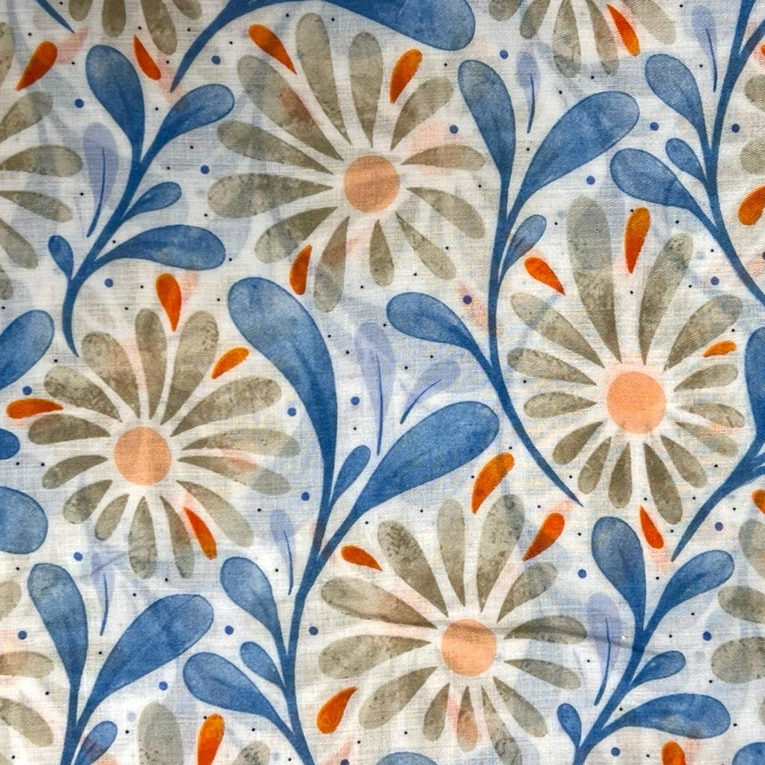 lusciousscarves Scarves Blue and Grey Daisy and Leaves Print Scarf, Light Weight