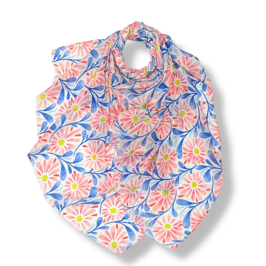 lusciousscarves Scarves Blue and Pink Daisy and Leaves Print Scarf, Light Weight