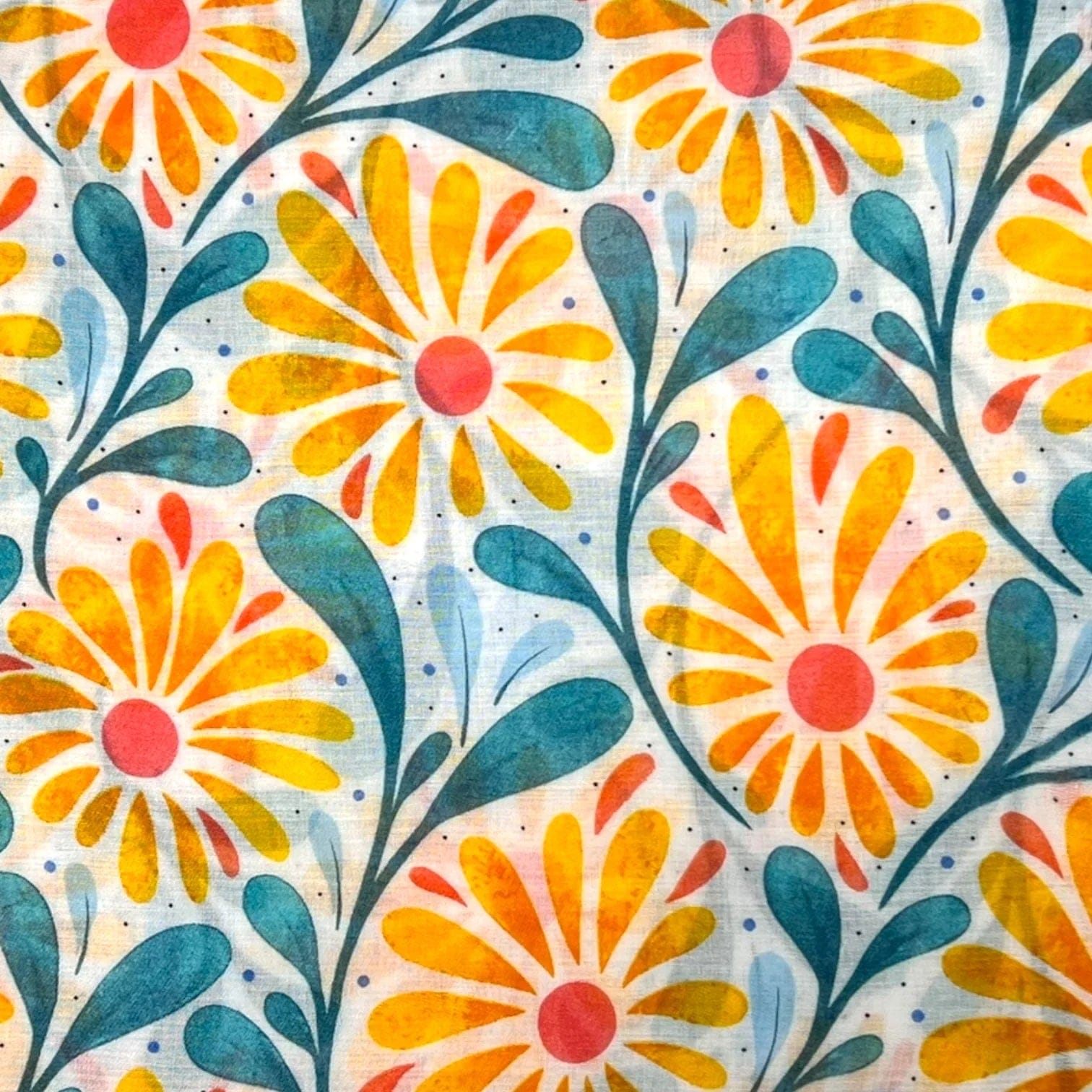lusciousscarves Scarves Blue and Yellow Daisy and Leaves Print Scarf, Light Weight