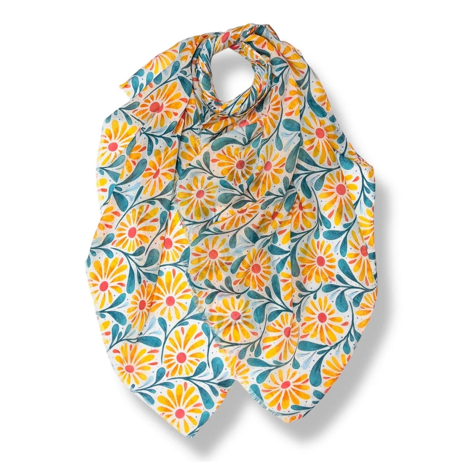lusciousscarves Scarves Blue and Yellow Daisy and Leaves Print Scarf, Light Weight