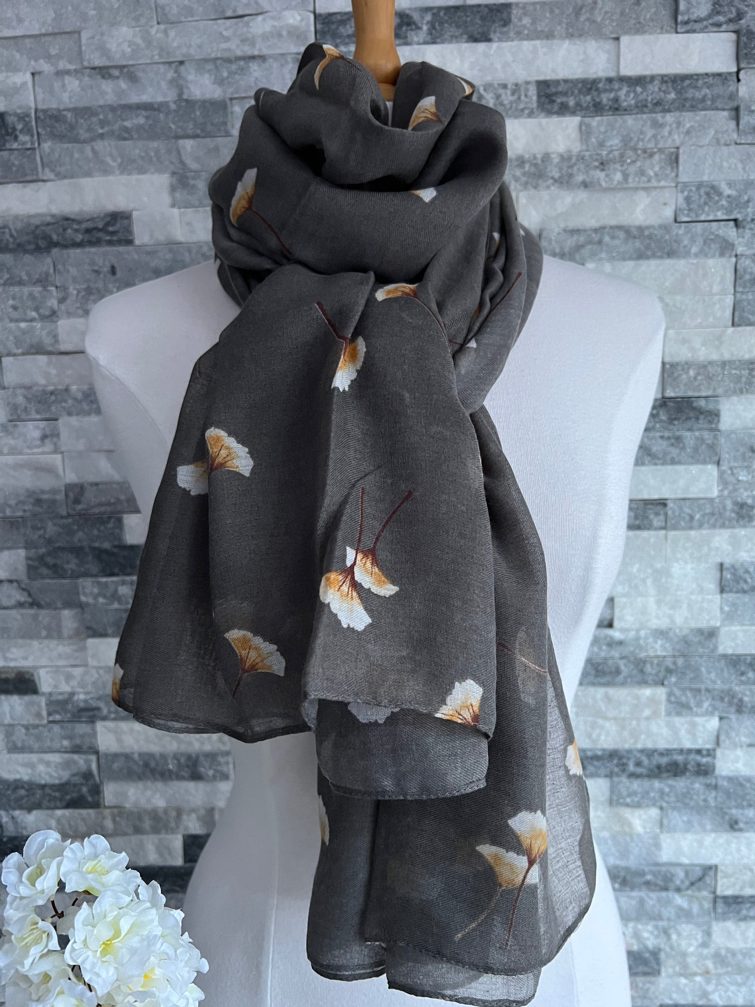lusciousscarves Scarves Grey Ginkgo Leaves Scarf