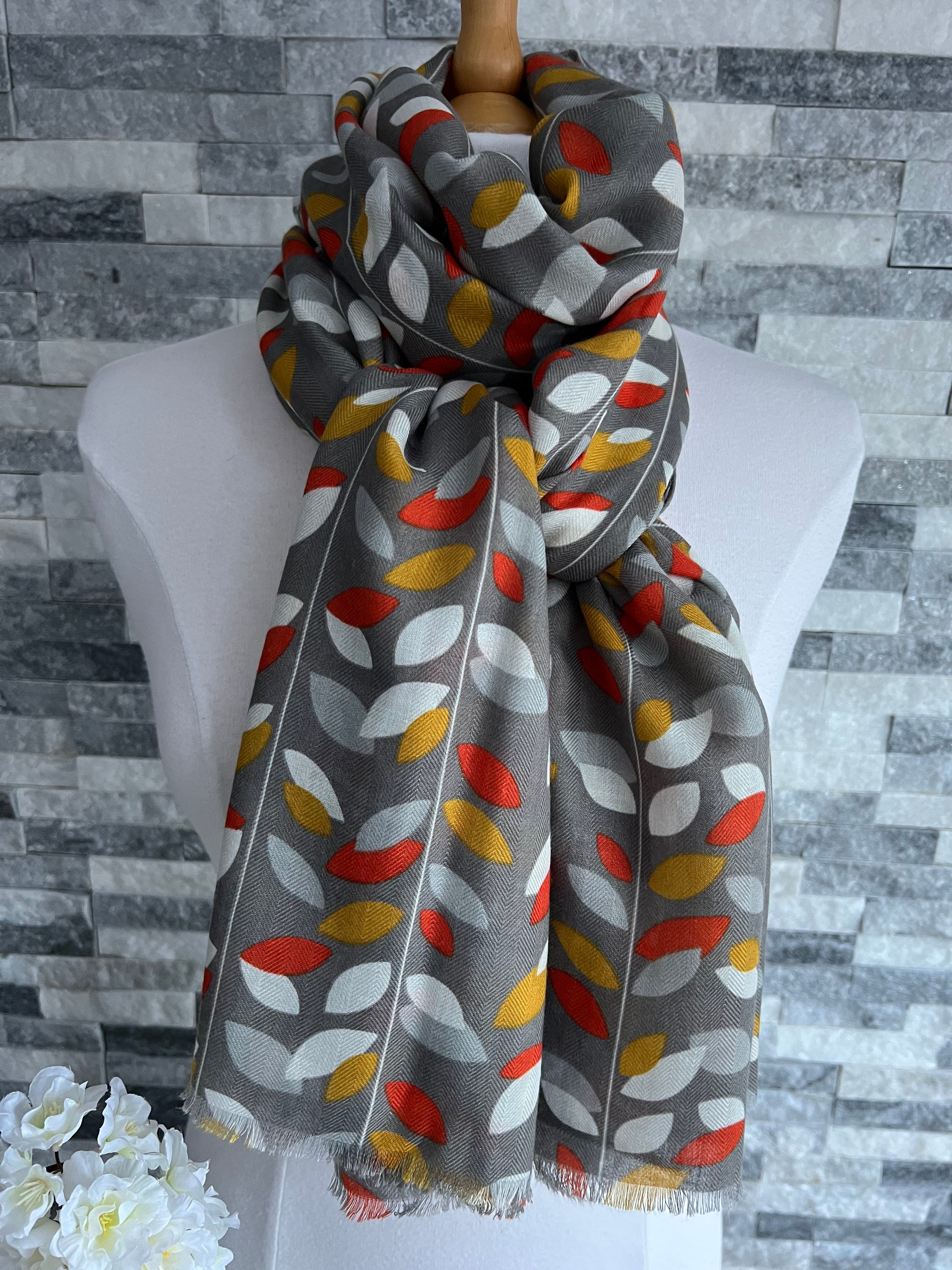 lusciousscarves Scarves Grey Multi Coloured Leaves Scarf