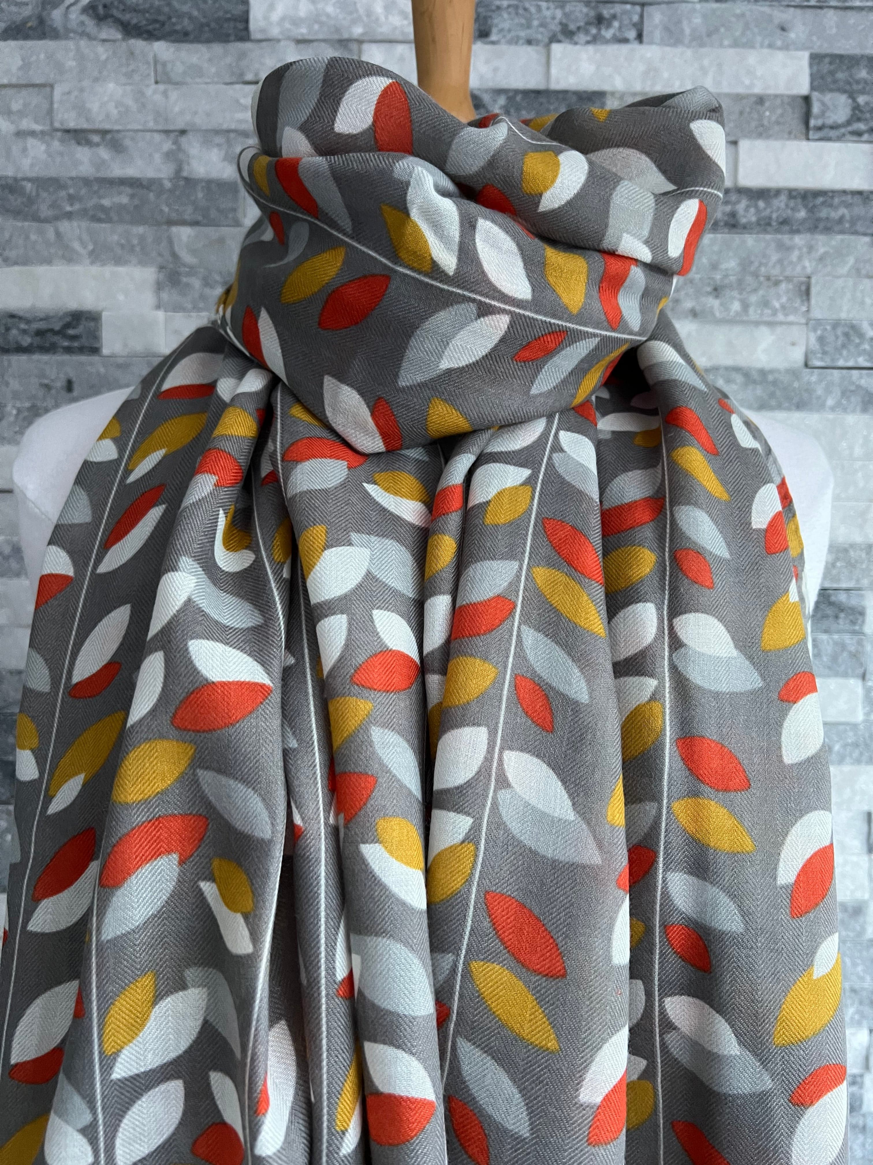 lusciousscarves Scarves Grey Multi Coloured Leaves Scarf