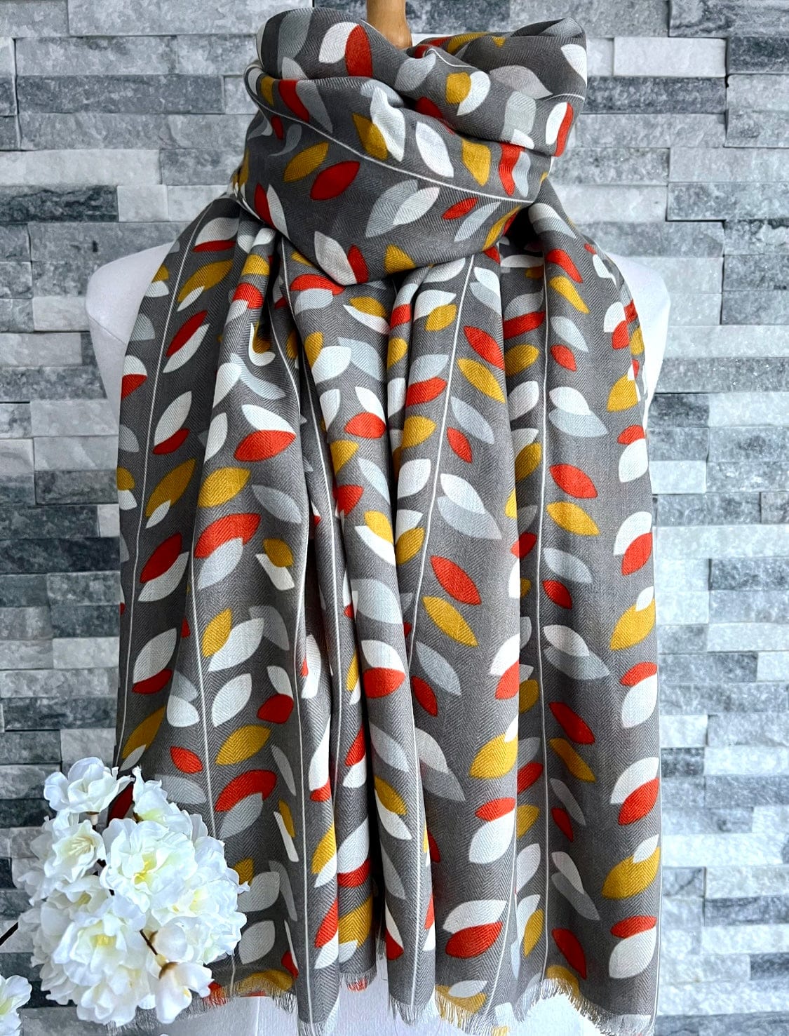 lusciousscarves Scarves Grey Multi Coloured Leaves Scarf