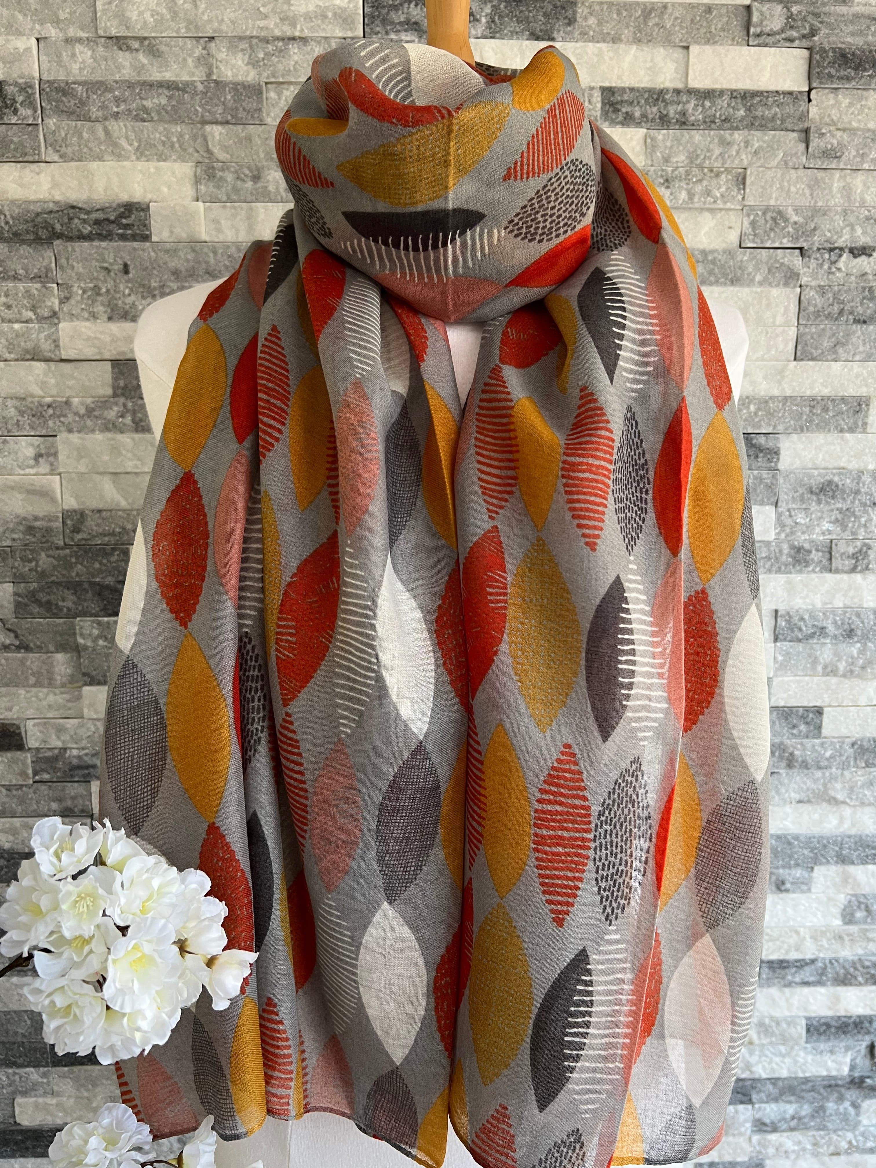 lusciousscarves Scarves Grey Patterned Leaves Scarf