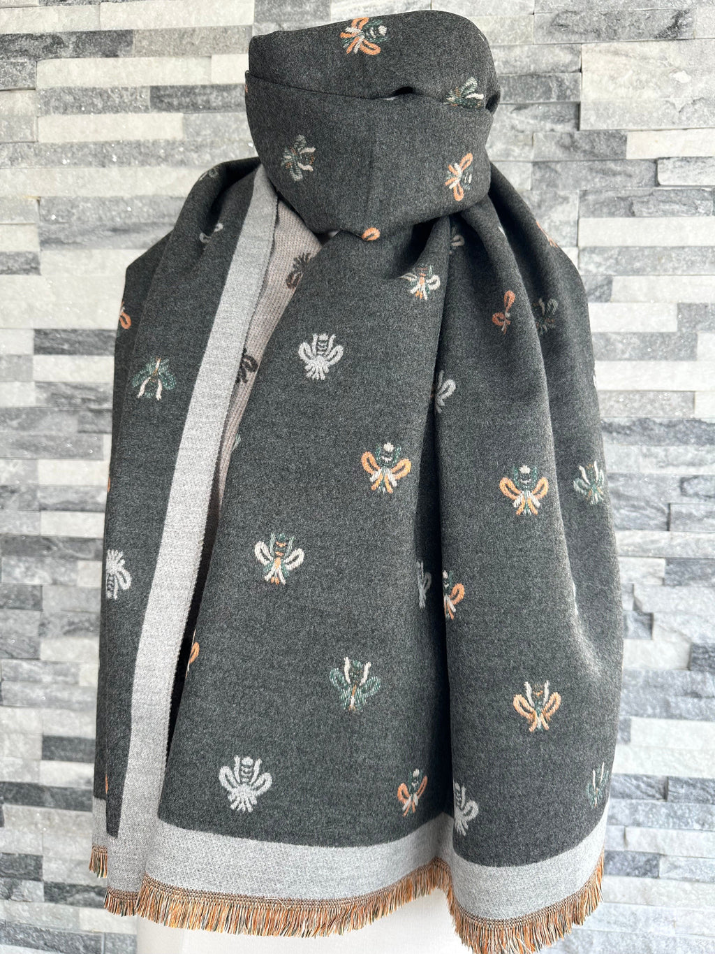 lusciousscarves Scarves Grey Reversible Bees Scarf