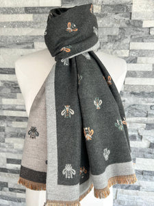 lusciousscarves Scarves Grey Reversible Bees Scarf
