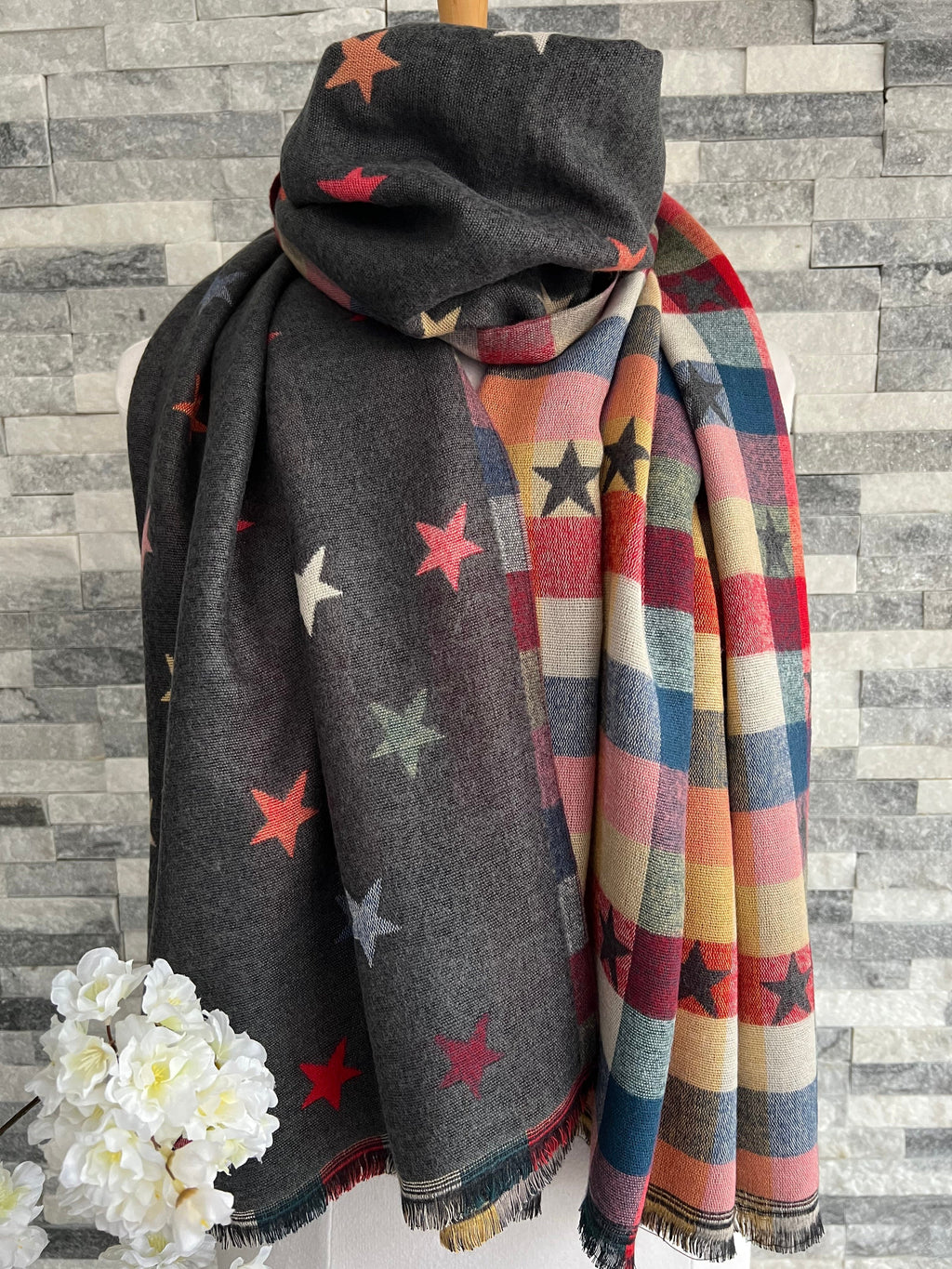 lusciousscarves Scarves Jacquard Stars Scarf Grey