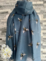 Load image into Gallery viewer, lusciousscarves Scarves Mid Blue Busy Bees Scarf
