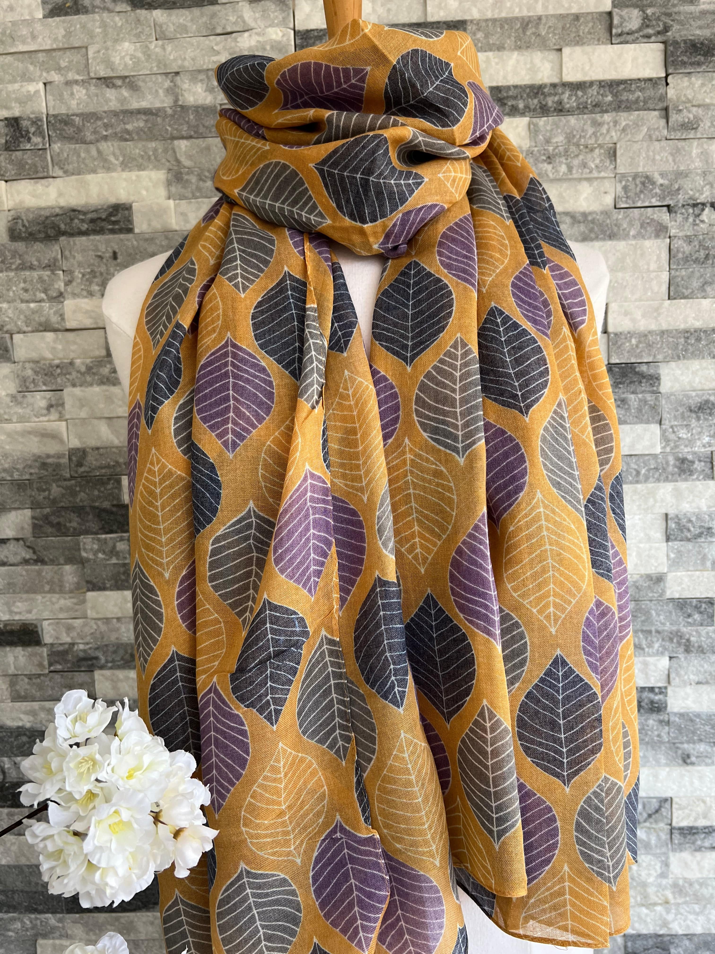 lusciousscarves Scarves Mustard Large Leaves Scarf