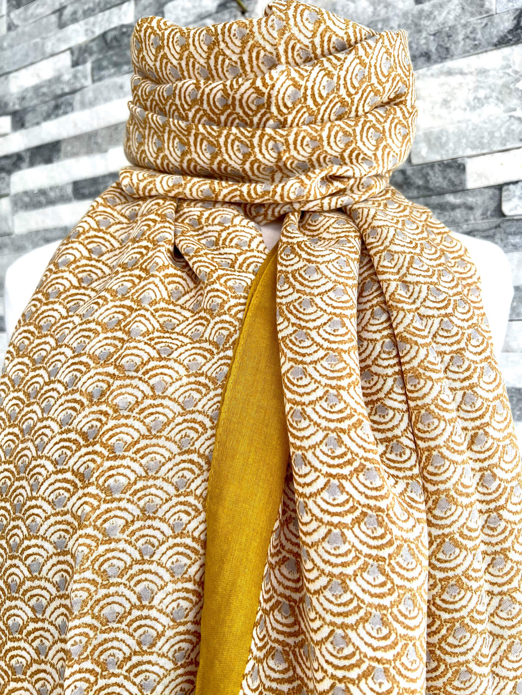 lusciousscarves Scarves Mustard Yellow, Grey and Cream Geo Print Light Weight Scarf