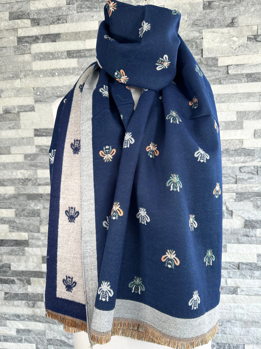 lusciousscarves Scarves Navy and Grey Bee Blanket Scarf