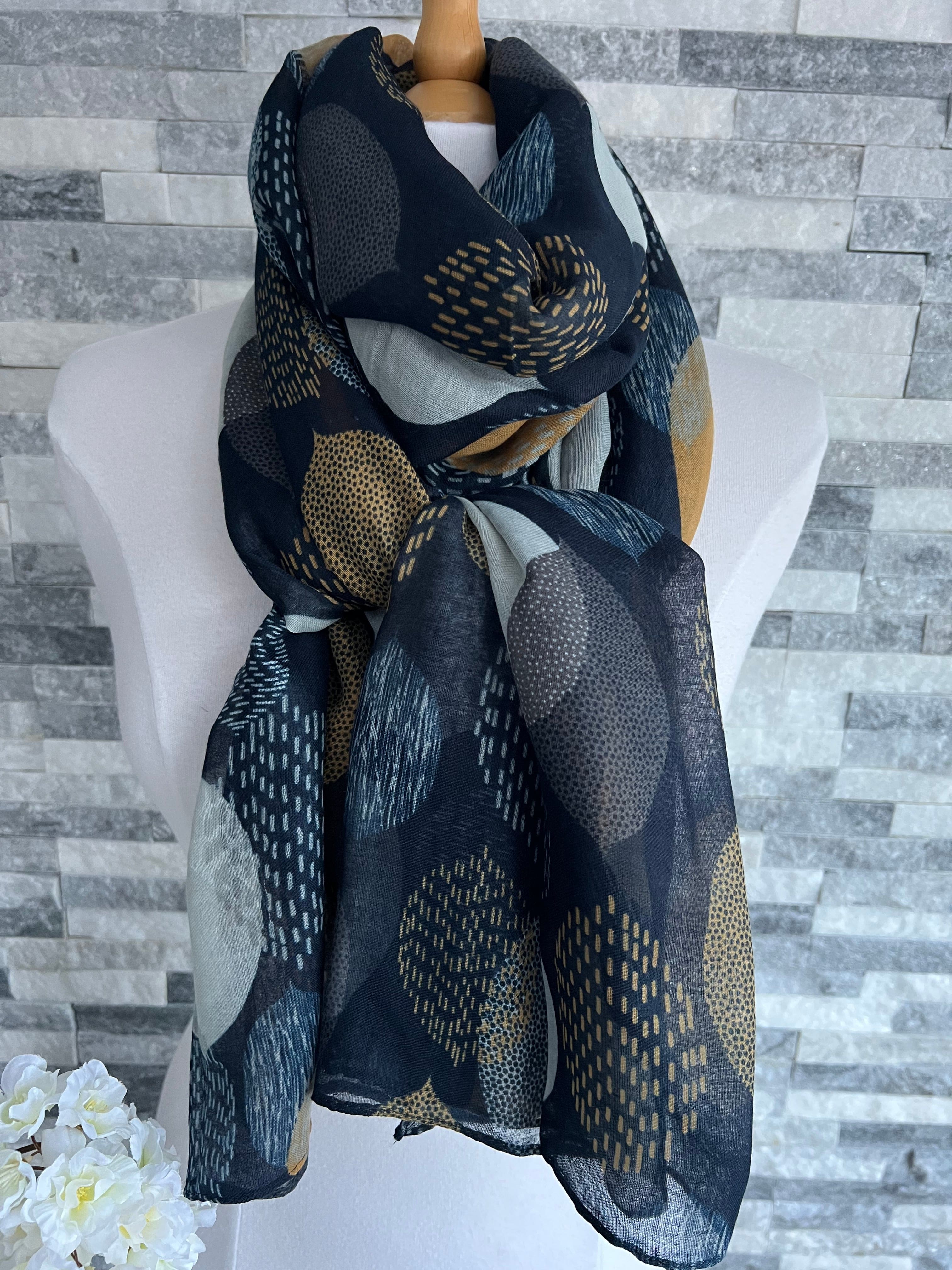 lusciousscarves Scarves Navy Blue Large Leaves Scarf