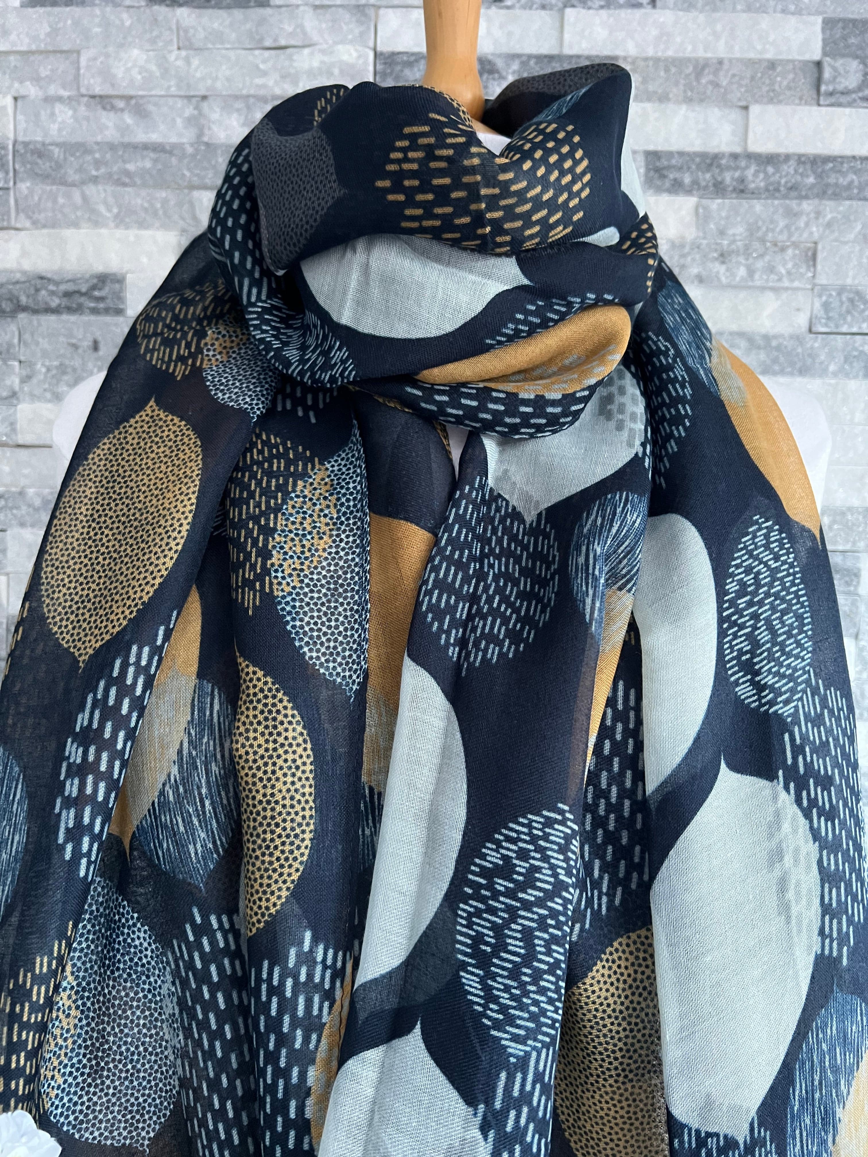 lusciousscarves Scarves Navy Blue Large Leaves Scarf