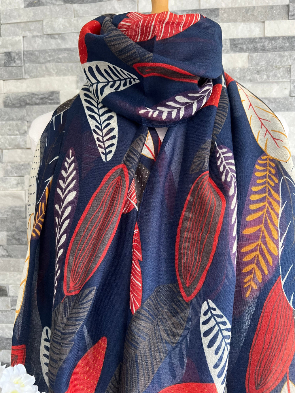 lusciousscarves Scarves Navy Patterned Leaves Scarf