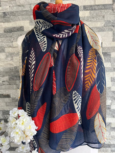 lusciousscarves Scarves Navy Patterned Leaves Scarf