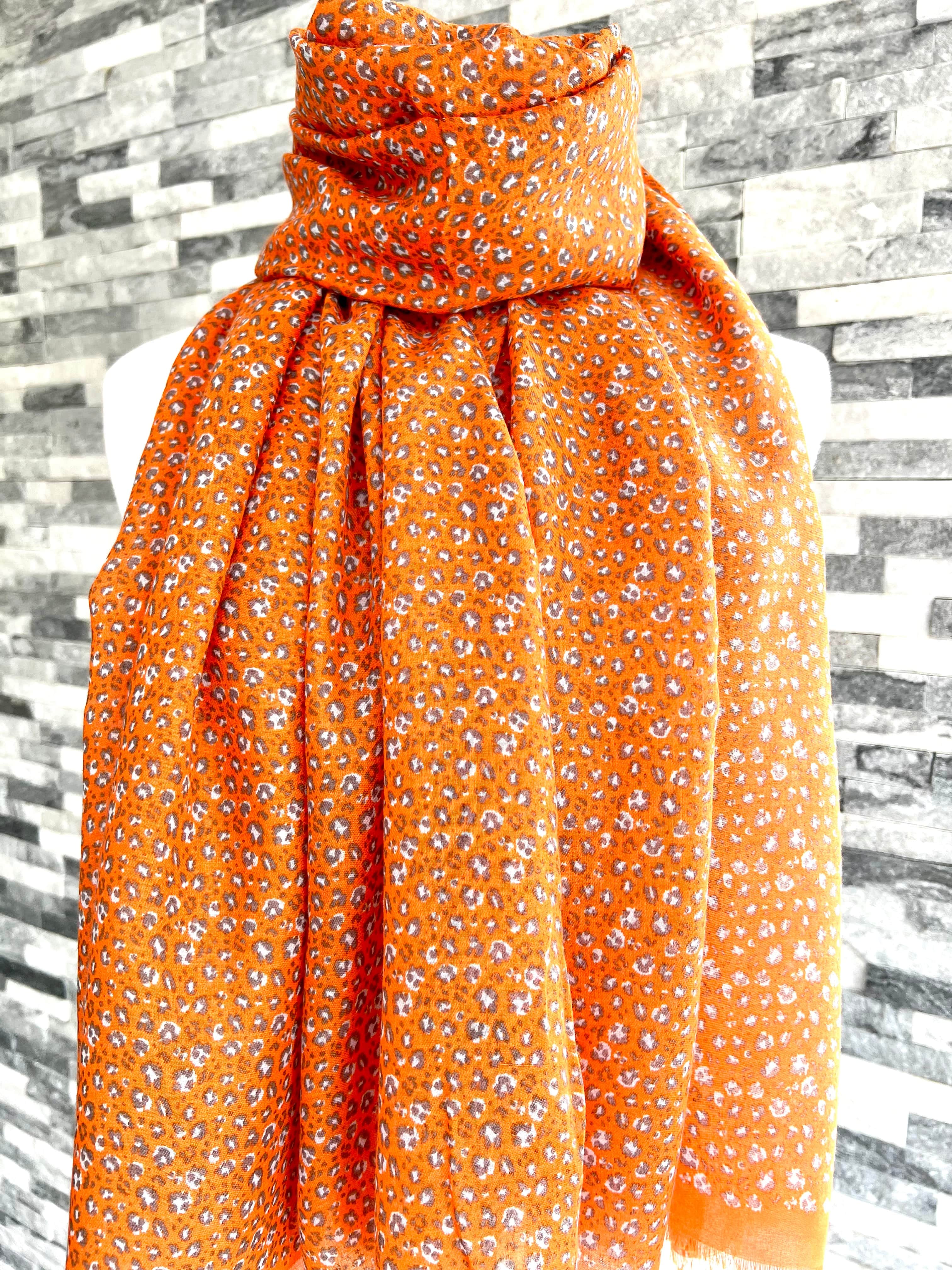 lusciousscarves Scarves Orange and Grey Light Weight Scarf with Mini Leopard Print