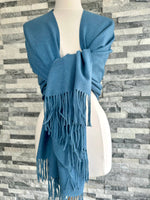 Load image into Gallery viewer, lusciousscarves Scarves &amp; Shawls Blue Cashmere Blend Pashmina Wrap available in 16 colours.

