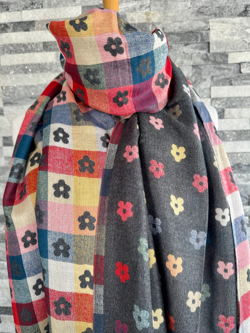 lusciousscarves Scarves & Shawls Dark Grey Pretty Flowers Jacquard Scarf.