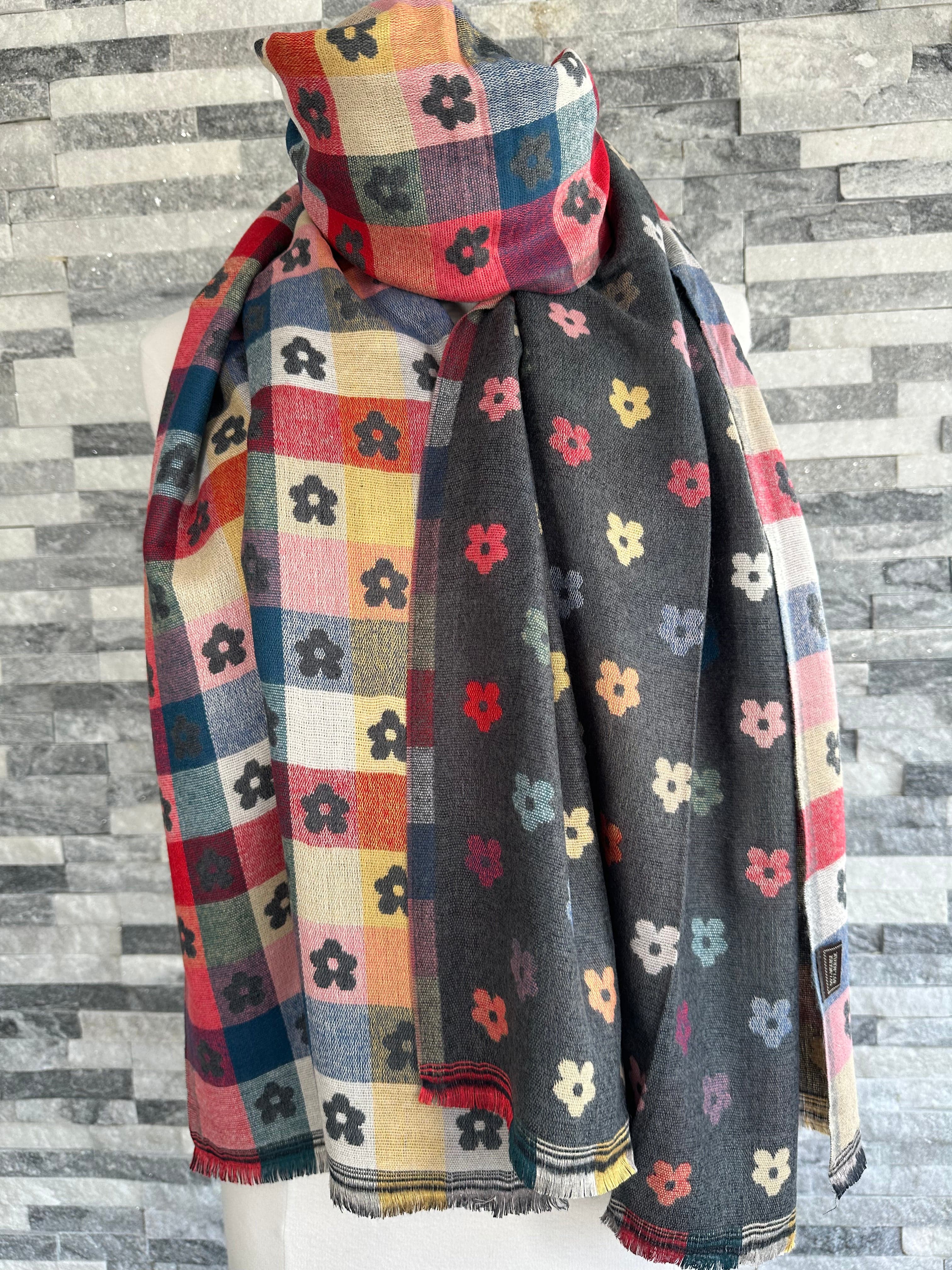 lusciousscarves Scarves & Shawls Dark Grey Pretty Flowers Jacquard Scarf.