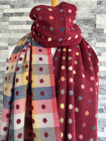 Load image into Gallery viewer, lusciousscarves Scarves &amp; Shawls Jacquard Multi Coloured Spotty Dots Reversible Deep Red Scarf .
