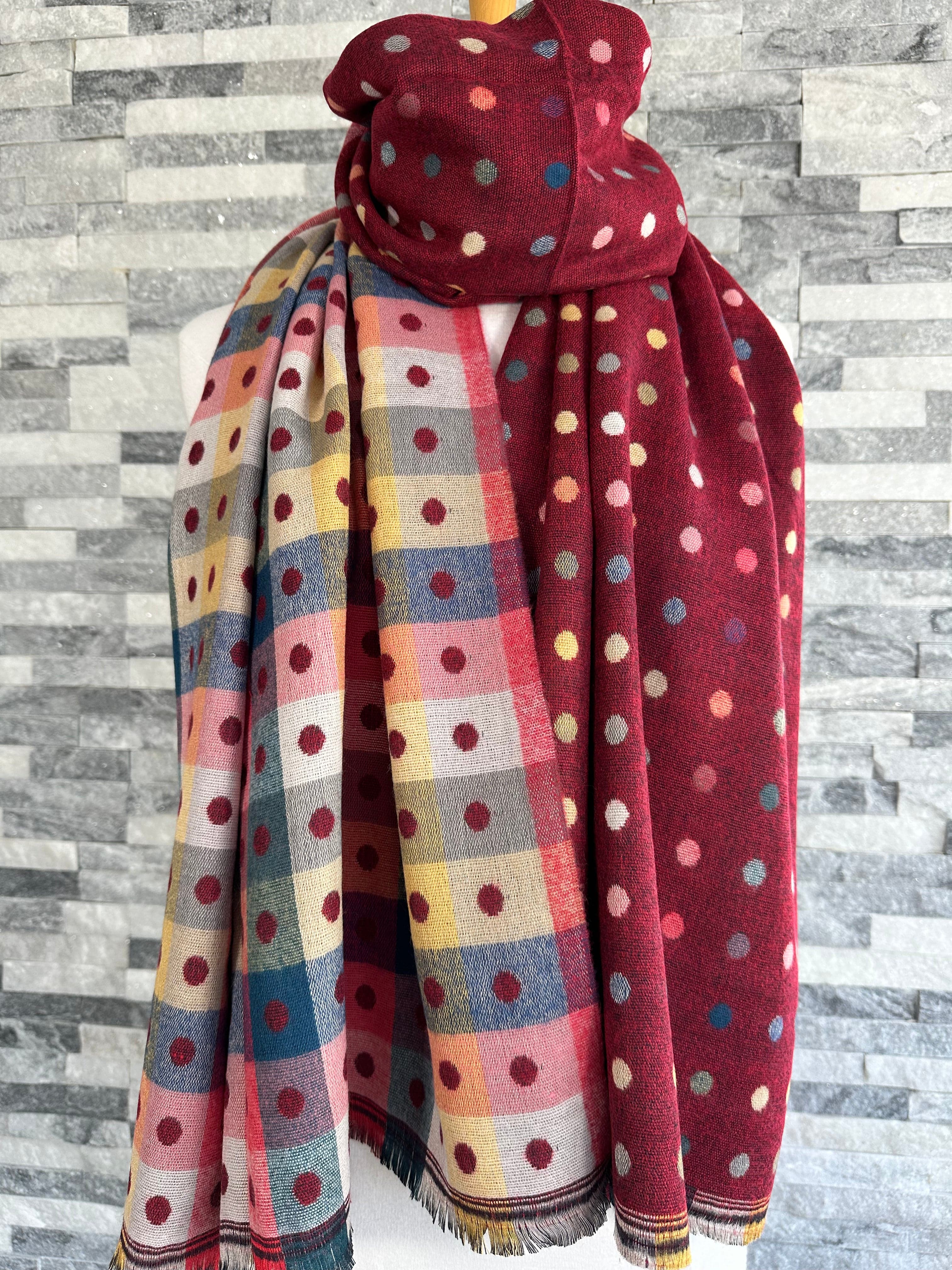 lusciousscarves Scarves & Shawls Jacquard Multi Coloured Spotty Dots Reversible Deep Red Scarf .