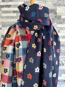 lusciousscarves Scarves & Shawls Jacquard Navy Scarf with Multi Coloured Flowers .