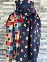 Load image into Gallery viewer, lusciousscarves Scarves &amp; Shawls Jacquard Navy Scarf with Multi Coloured Flowers .
