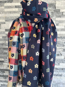 lusciousscarves Scarves & Shawls Jacquard Navy Scarf with Multi Coloured Flowers .