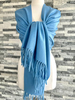 Load image into Gallery viewer, lusciousscarves Scarves &amp; Shawls Mid Blue Cashmere Blend Pashmina Wrap available in 16 colours.

