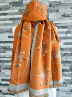 Load image into Gallery viewer, lusciousscarves Scarves &amp; Shawls Orange and Grey Reversible Dandelions Scarf Wrap.
