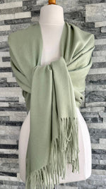 Load image into Gallery viewer, lusciousscarves Scarves &amp; Shawls Pale Green Cashmere Blend Pashmina Wrap available in 16 colours.
