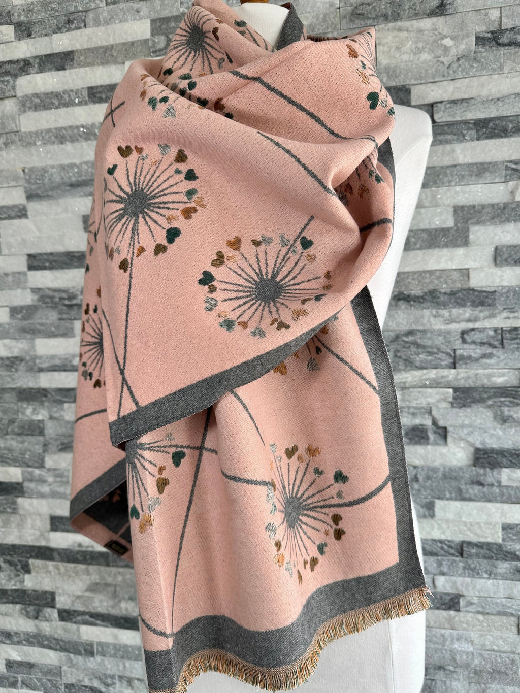 lusciousscarves Scarves & Shawls Pale Pink and Grey Reversible Dandelions Scarf Wrap.