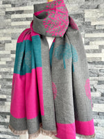 Load image into Gallery viewer, lusciousscarves Scarves &amp; Shawls Teal, Hot Pink and Grey Reversible Mulberry Tree Scarf Wrap.
