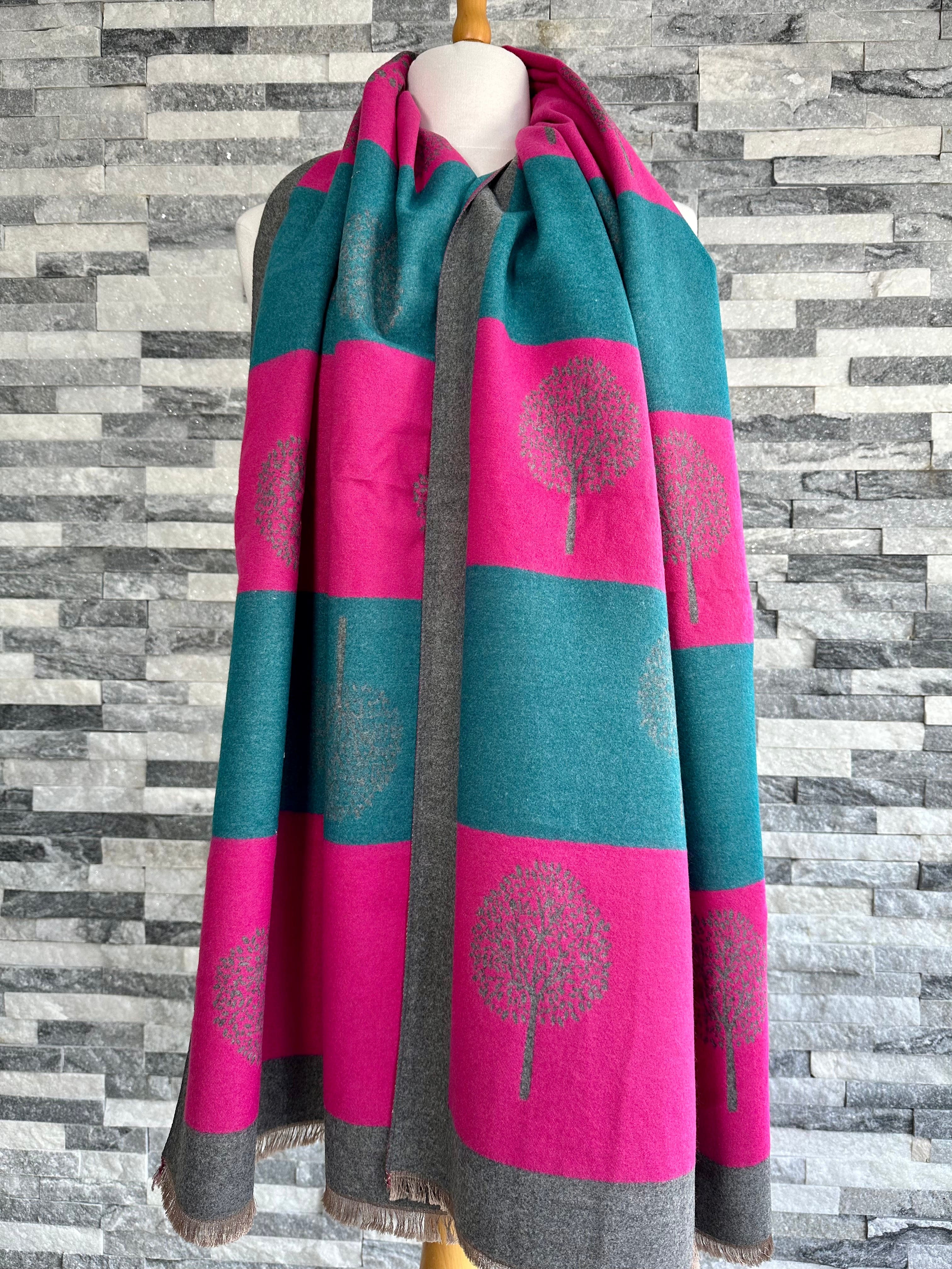 lusciousscarves Scarves & Shawls Teal, Hot Pink and Grey Reversible Mulberry Tree Scarf Wrap.