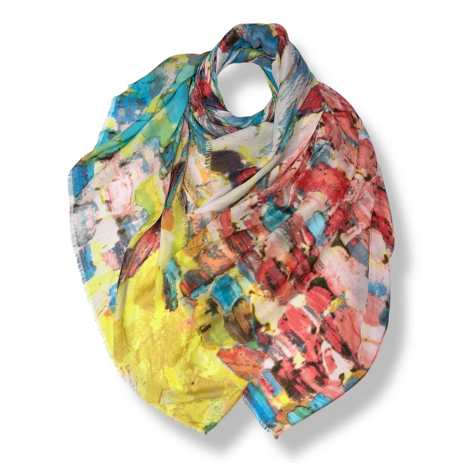 lusciousscarves Scarves Turquoise, Orange and Yellow Water Colored Patches Print Scarf