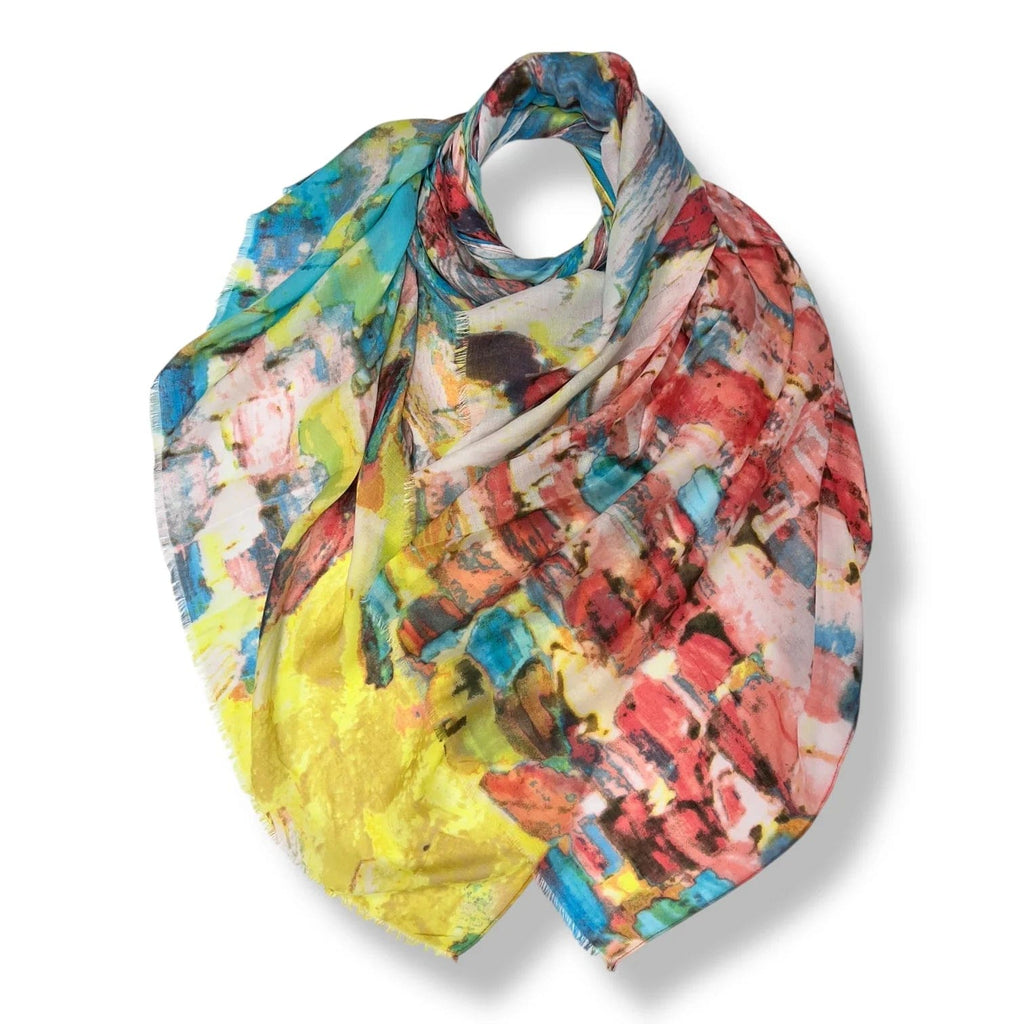 lusciousscarves Scarves Turquoise, Orange and Yellow Water Colored Patches Print Scarf