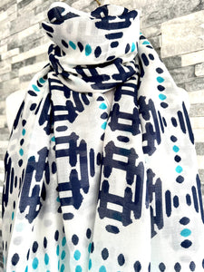 lusciousscarves Scarves White, Navy and Turquoise lightweight scarf