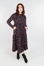 Load image into Gallery viewer, lusciousscarves Small Ladies Navy and Orange Large Leopard Print Tiered Dress
