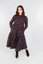 Load image into Gallery viewer, lusciousscarves Small Ladies Navy and Orange Large Leopard Print Tiered Dress
