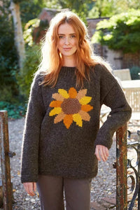lusciousscarves Small Pachamama Womens Sunflower Design Sweater Jumper, Hand Knitted, Fair Trade