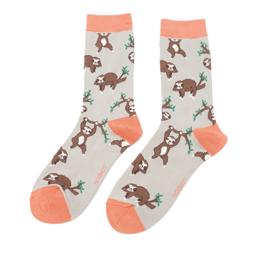 lusciousscarves Socks Ladies Bamboo Socks, Miss Sparrow, Sloths Design, Pale Grey