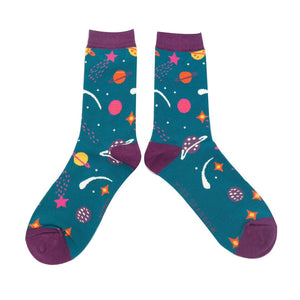 lusciousscarves Socks Ladies Bamboo Socks, Miss Sparrow, Space and Planets Design, Teal
