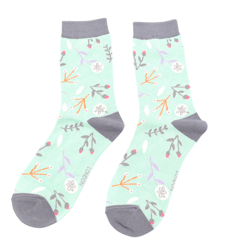 lusciousscarves Socks Miss Sparrow Ladies Bamboo Socks, Floral Design, Mint Green