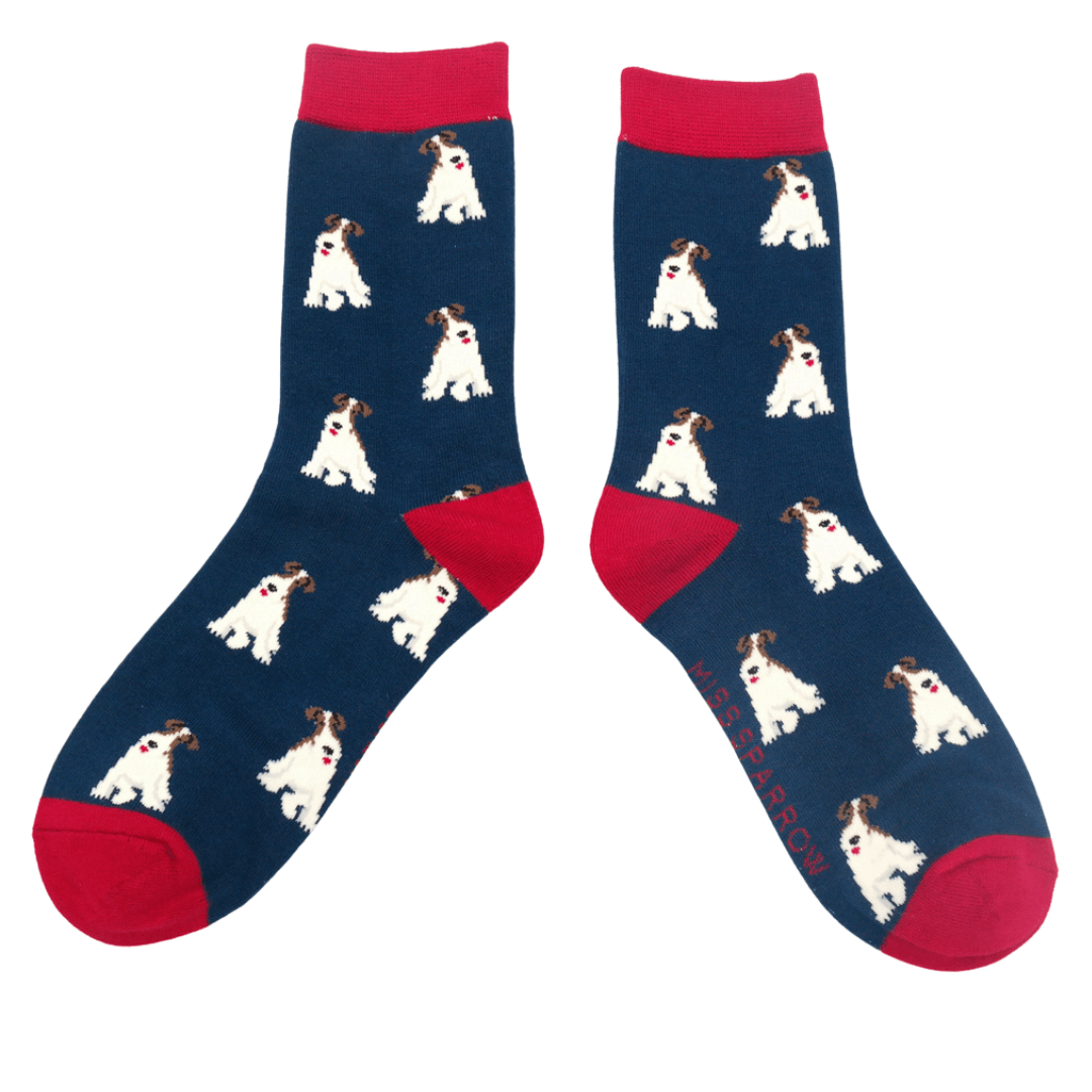 lusciousscarves Socks Miss Sparrow Ladies Bamboo Socks , Fox Terriers Design, Navy