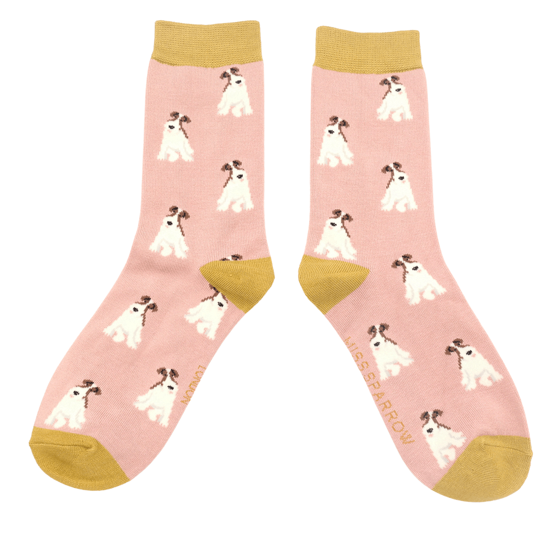 lusciousscarves Socks Miss Sparrow Ladies Bamboo Socks , Fox Terriers Design, Pale Pink