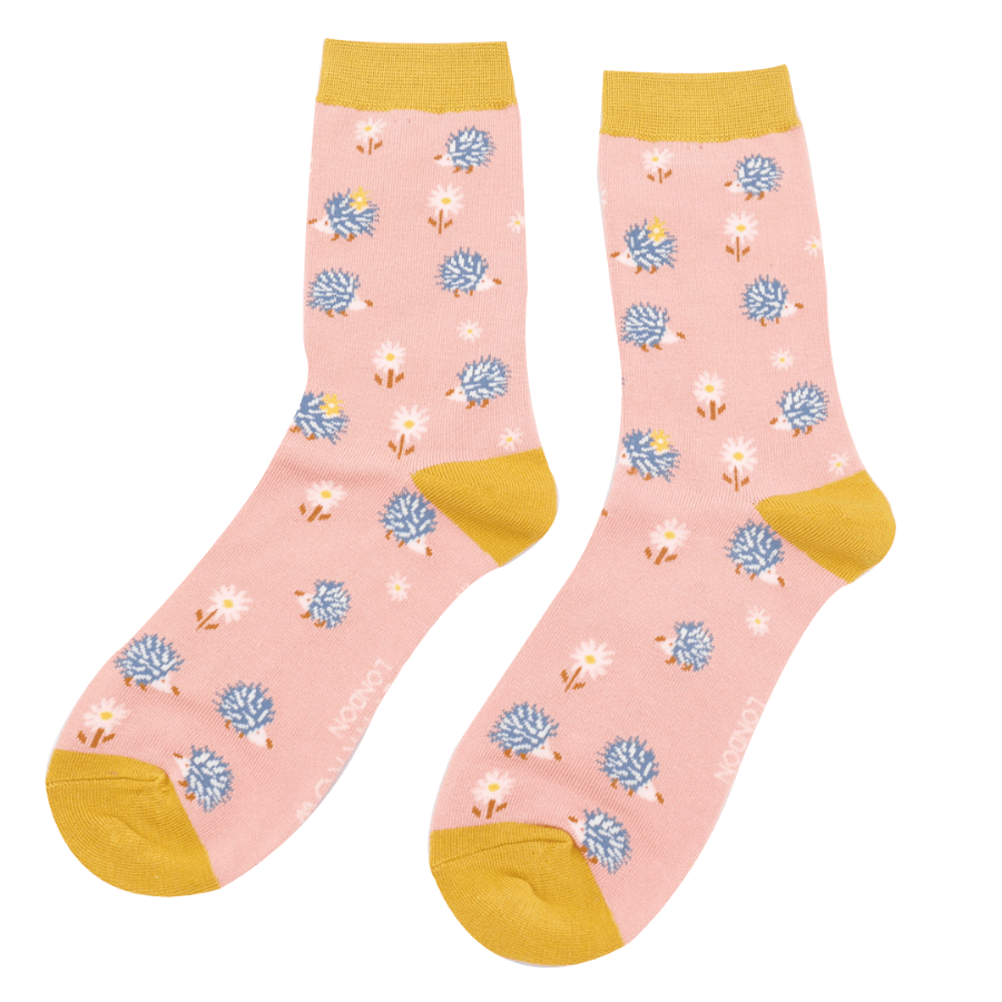 lusciousscarves Socks Miss Sparrow Ladies Bamboo Socks, Hedgehogs and Daisies Design, Pink