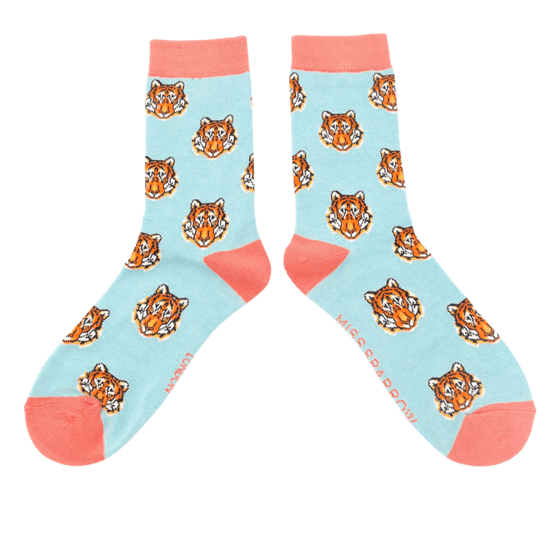 lusciousscarves Socks Miss Sparrow Ladies Bamboo Socks, Tiger Faces Design, Pale Blue